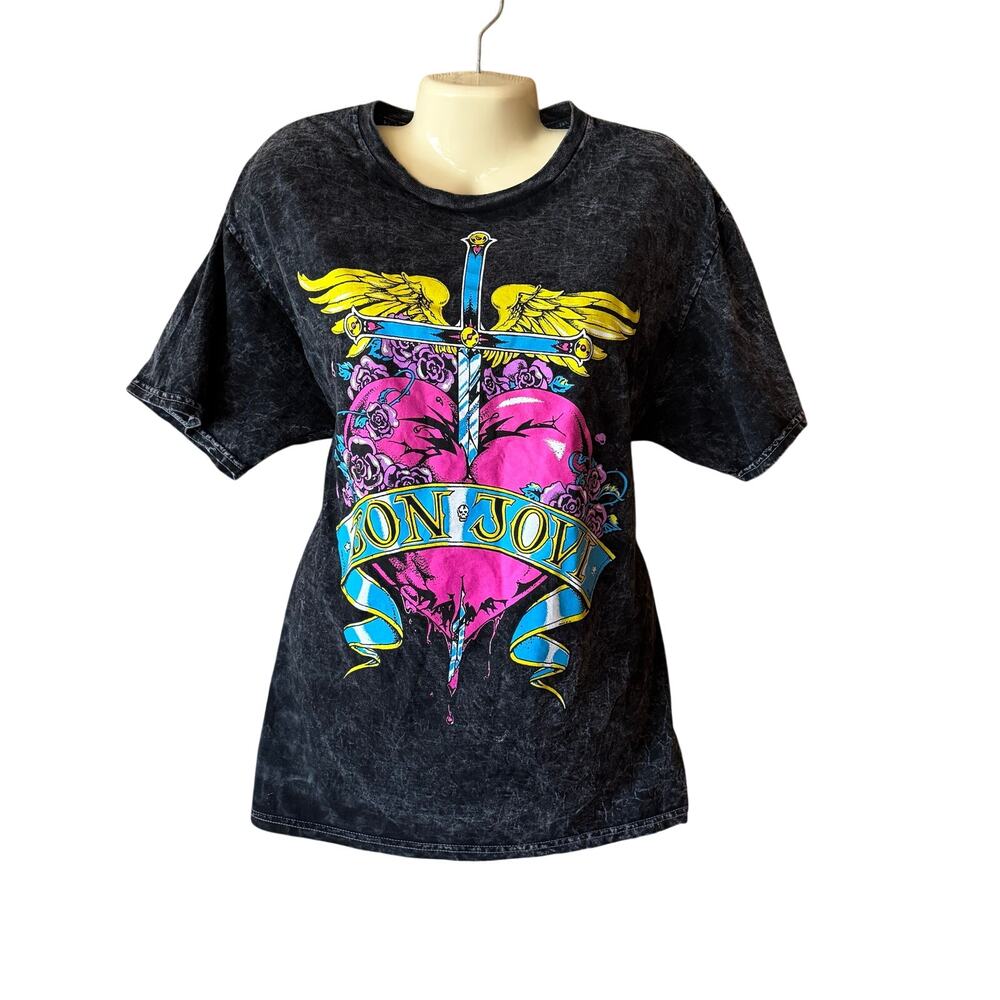 Bon Jovi Grey Acid Wash Tshirt Size Large